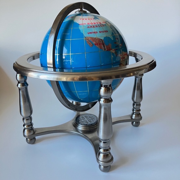 Vintage Gemstones World Globe: Lapis Lazuli Ocean, Silver Metal Stand, Compass - Picture 7 of 17